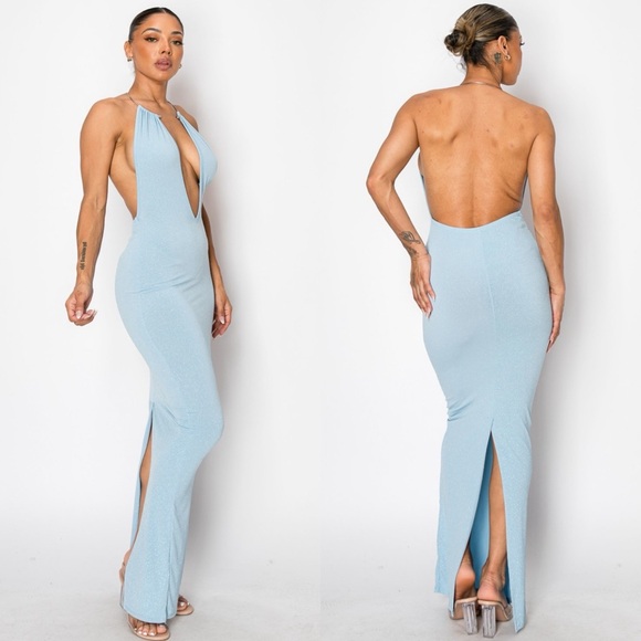 "Remember Me Forever" Fuchsia Pink Halter V-Neck Long Bodycon Dress - Picture 2 of 7